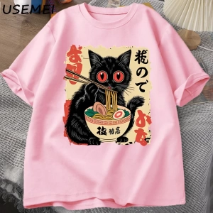 Vintage Japon Siyah Kedi Ramen T Shirt Sevimli Grafik Tee Komik Kedi Yeme Ramen T-Shirt Baskı 2828