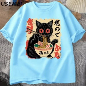 Vintage Japon Siyah Kedi Ramen T Shirt Sevimli Grafik Tee Komik Kedi Yeme Ramen T-Shirt Baskı 2828