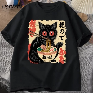 Vintage Japon Siyah Kedi Ramen T Shirt Sevimli Grafik Tee Komik Kedi Yeme Ramen T-Shirt Baskı 2828