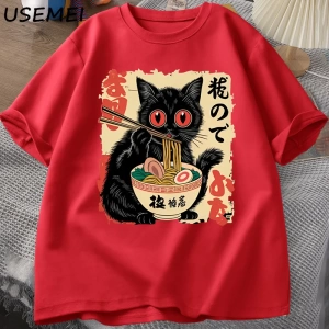 Vintage Japon Siyah Kedi Ramen T Shirt Sevimli Grafik Tee Komik Kedi Yeme Ramen T-Shirt Baskı 2828