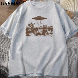 Vintage UFO Cowboy Cat T Shirt Retro T-Shirt 90s Western Tshirt Wild West Kitten Tshirt Casua 3047