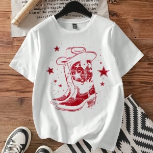 Vintage Western Bot Baskılı Gevşek Yuvarlak Yaka Kısa Kollu Kadın Tişörtü, Yaz İçin
