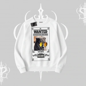 Wanted Temalı Kedi Baskılı Biskilet Sweatshirt