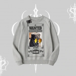Wanted Temalı Kedi Baskılı Biskilet Sweatshirt