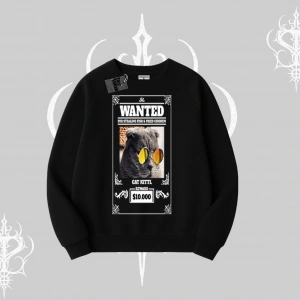 Wanted Temalı Kedi Baskılı Biskilet Sweatshirt