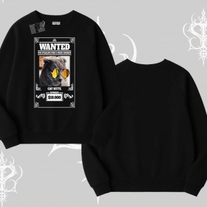 Wanted Temalı Kedi Baskılı Biskilet Sweatshirt