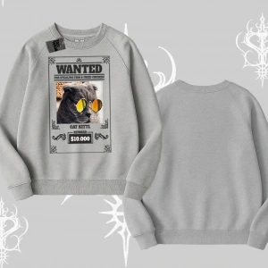 Wanted Temalı Kedi Baskılı Biskilet Sweatshirt