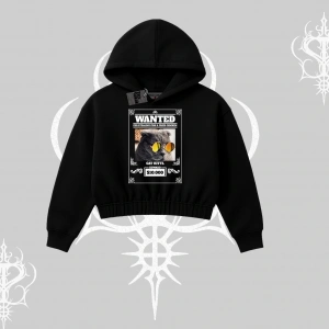 Wanted Temalı Kedi Baskılı Kapşonlu Crop Sweatshirt