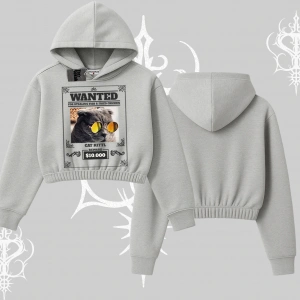 Wanted Temalı Kedi Baskılı Kapşonlu Crop Sweatshirt