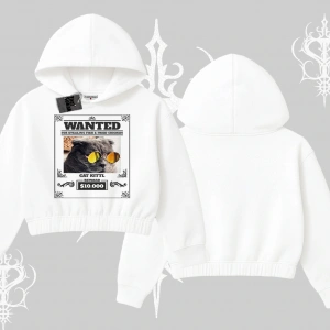 Wanted Temalı Kedi Baskılı Kapşonlu Crop Sweatshirt