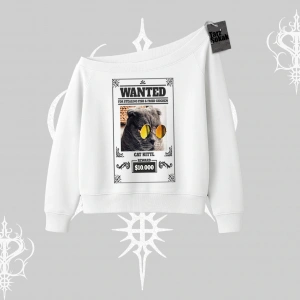 Wanted Temalı Kedi Baskılı Kayık Yaka Sweatshirt