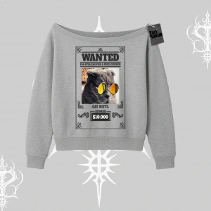 Wanted Temalı Kedi Baskılı Kayık Yaka Sweatshirt