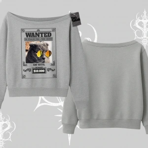 Wanted Temalı Kedi Baskılı Kayık Yaka Sweatshirt