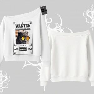 Wanted Temalı Kedi Baskılı Kayık Yaka Sweatshirt