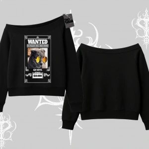 Wanted Temalı Kedi Baskılı Kayık Yaka Sweatshirt
