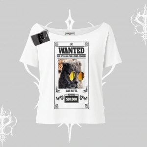 Wanted Temalı Kedi Baskılı Kayık Yaka Tshirt