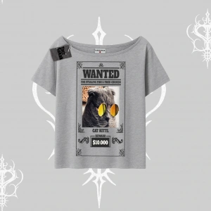 Wanted Temalı Kedi Baskılı Kayık Yaka Tshirt