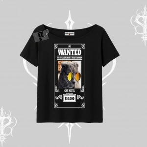 Wanted Temalı Kedi Baskılı Kayık Yaka Tshirt
