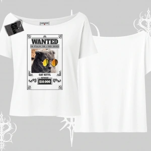Wanted Temalı Kedi Baskılı Kayık Yaka Tshirt