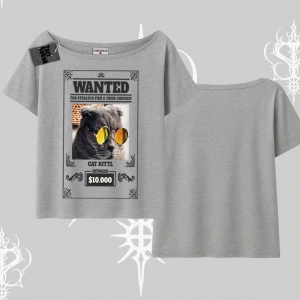 Wanted Temalı Kedi Baskılı Kayık Yaka Tshirt