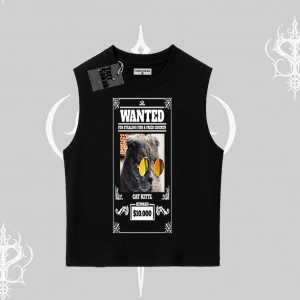 Wanted Temalı Kedi Baskılı Kolsuz Tshirt