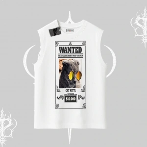 Wanted Temalı Kedi Baskılı Kolsuz Tshirt