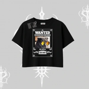 Wanted Temalı Kedi Baskılı Oversize Crop Tshirt