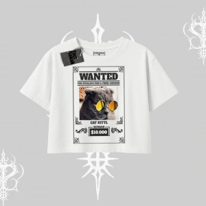 Wanted Temalı Kedi Baskılı Oversize Crop Tshirt