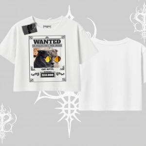 Wanted Temalı Kedi Baskılı Oversize Crop Tshirt