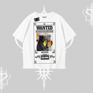 Wanted Temalı Kedi Baskılı Oversize Tshirt