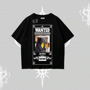 Wanted Temalı Kedi Baskılı Oversize Tshirt