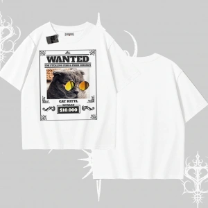 Wanted Temalı Kedi Baskılı Oversize Tshirt