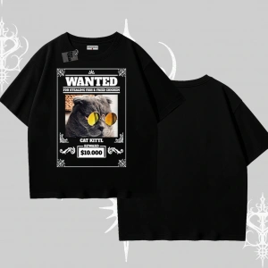 Wanted Temalı Kedi Baskılı Oversize Tshirt