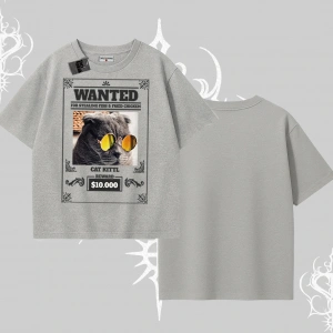 Wanted Temalı Kedi Baskılı Oversize Tshirt