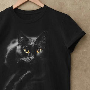 Wed Unisex Siyah Renk, Modern Regular Fit Kalıp, Yumuşak Kumaş Sevimli Kedi Tshirt