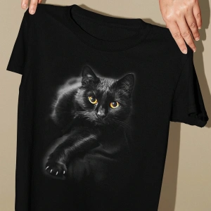 Wed Unisex Siyah Renk, Modern Regular Fit Kalıp, Yumuşak Kumaş Sevimli Kedi Tshirt