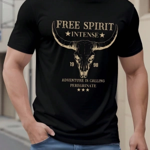 Western Cowboy Skull Print Slim Fit Erkek Siyah Tişört