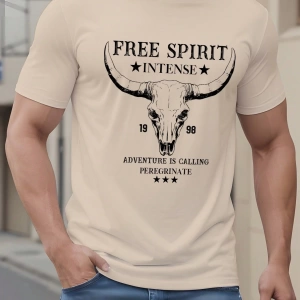 Western Cowboy Skull Print Slim Fit Erkek Siyah Tişört