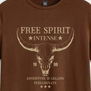 Western Cowboy Skull Print Slim Fit Erkek Siyah Tişört