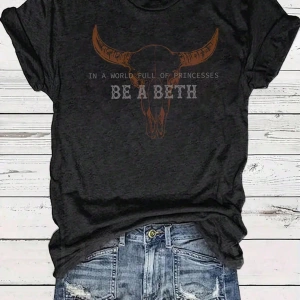 Western Cowboy Vintage Bull Graphic Kadın Rahat Yuvarlak Yaka Kısa Kollu Tişört