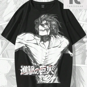 X Attack on Titan Erkek Figürü ve Japon Harfli Grafik Tişört