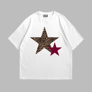 Y2k Leopar Starz Baskılı Oversize Unisex Beyaz