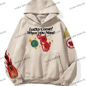 Y2K Unisex Lucky Come Sweatshirt Hoodie KOD 1933 Gri