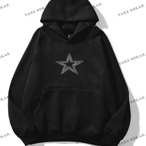 Y2K Unisex Star Stroke Taş Görünümlü Baskılı Sweatshirt KOD 1508 Gri