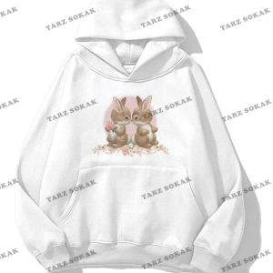 Y2K Unisex Two Rabbit with Flower Sweatshirt KOD 1542 Beyaz