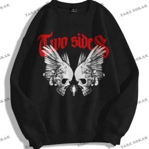 Y2K Unisex Two Sides Bisiklet Yaka Sweatshirt KOD 1792 Siyah