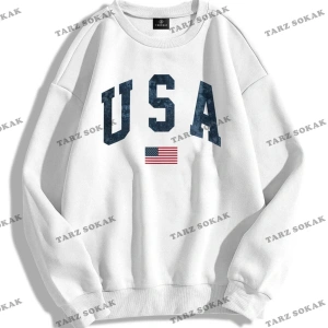 Y2K Unisex Usa Flag Bisiklet Yaka Sweatshirt KOD 1830 Beyaz