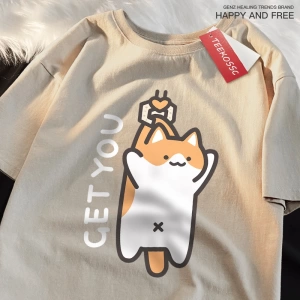 Y2k Vintage Tişört Tee Alıcı bebek eğlenceli kedi baskı japon