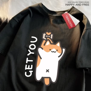 Y2k Vintage Tişört Tee Alıcı bebek eğlenceli kedi baskı japon