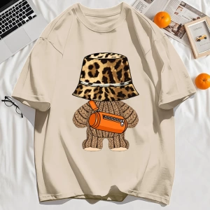 Y2k Vintage Tişört Tee Ayı Leopar Baskı Şapka Baskı